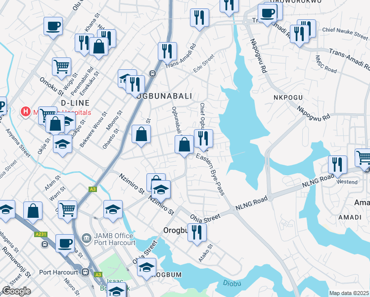 map of restaurants, bars, coffee shops, grocery stores, and more near Ogbunabali Road in Port Harcourt
