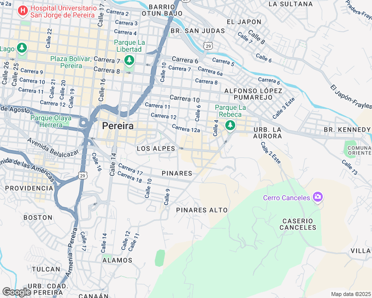 map of restaurants, bars, coffee shops, grocery stores, and more near Circunvalar in Pereira