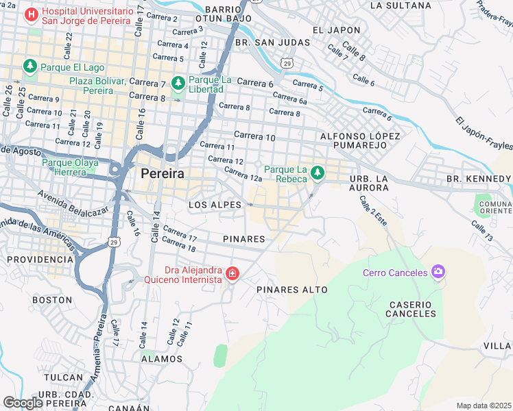 map of restaurants, bars, coffee shops, grocery stores, and more near Circunvalar in Pereira