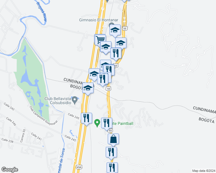 map of restaurants, bars, coffee shops, grocery stores, and more near 25085 Carrera 7 in Chía