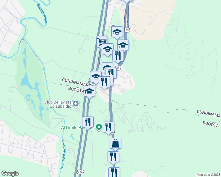 map of restaurants, bars, coffee shops, grocery stores, and more near 250127 Carrera 7 in Chía