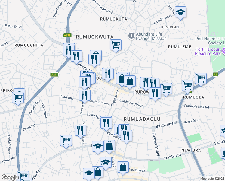 map of restaurants, bars, coffee shops, grocery stores, and more near Elegbam Road in Port Harcourt