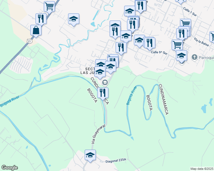 map of restaurants, bars, coffee shops, grocery stores, and more near Guaymaral in Chia