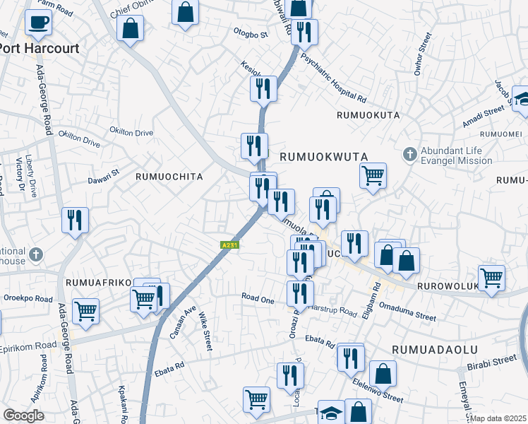map of restaurants, bars, coffee shops, grocery stores, and more near Rumuola Road in Port Harcourt