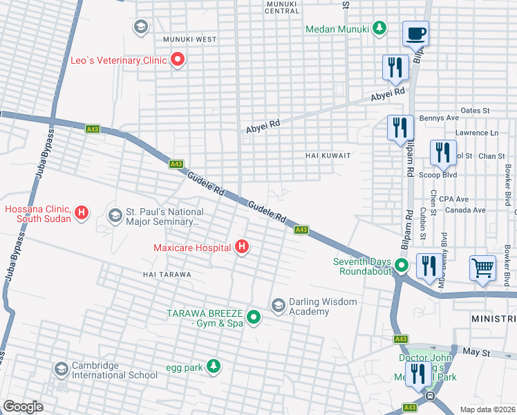 map of restaurants, bars, coffee shops, grocery stores, and more near A43 in Juba
