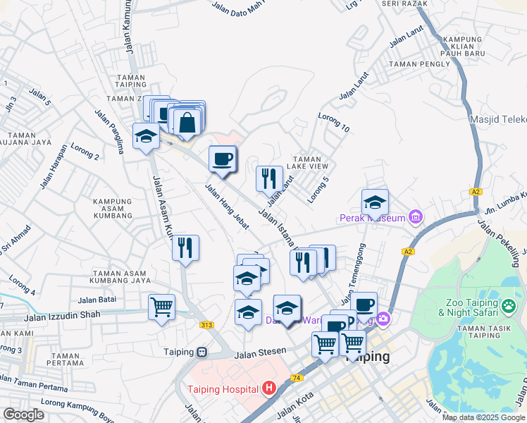 map of restaurants, bars, coffee shops, grocery stores, and more near Jalan Istana Larut in Taiping