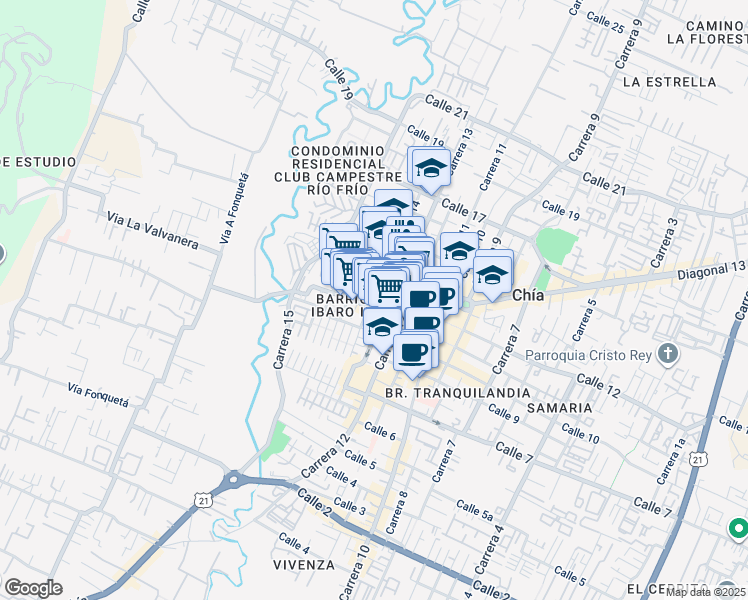 map of restaurants, bars, coffee shops, grocery stores, and more near 1151 Carrera 14 in Chía