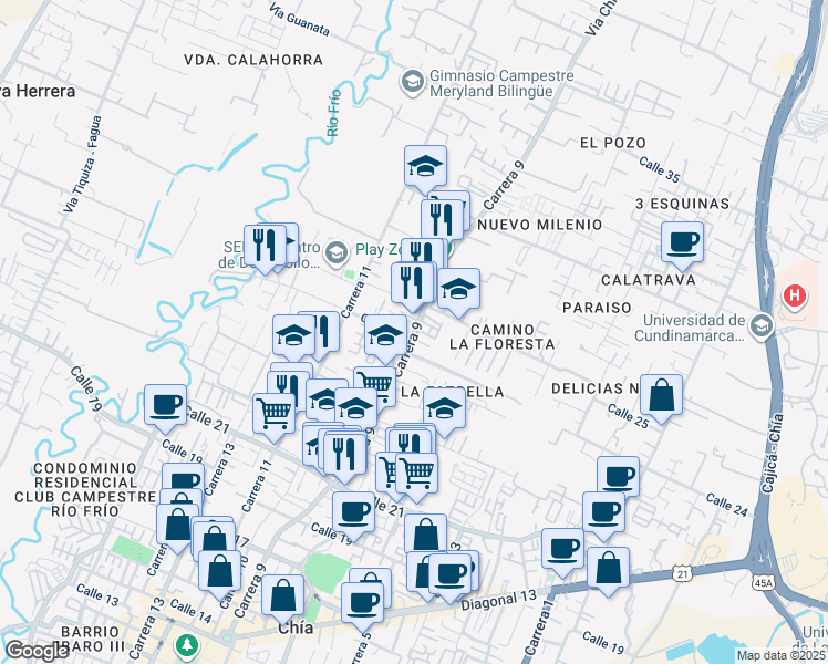 map of restaurants, bars, coffee shops, grocery stores, and more near Carrera 9 in Chía