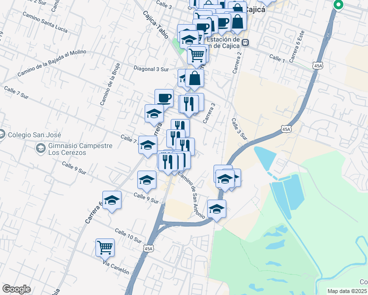 map of restaurants, bars, coffee shops, grocery stores, and more near Carrera 5 in Cajicá