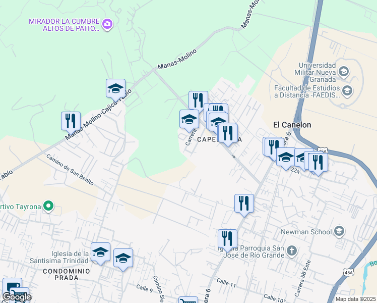 map of restaurants, bars, coffee shops, grocery stores, and more near Calle 1 in Cajicá