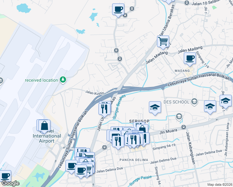 map of restaurants, bars, coffee shops, grocery stores, and more near Jalan Utama Berakas in Bandar Seri Begawan