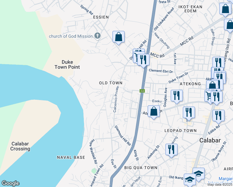 map of restaurants, bars, coffee shops, grocery stores, and more near Diamond Hill Rd in Calabar