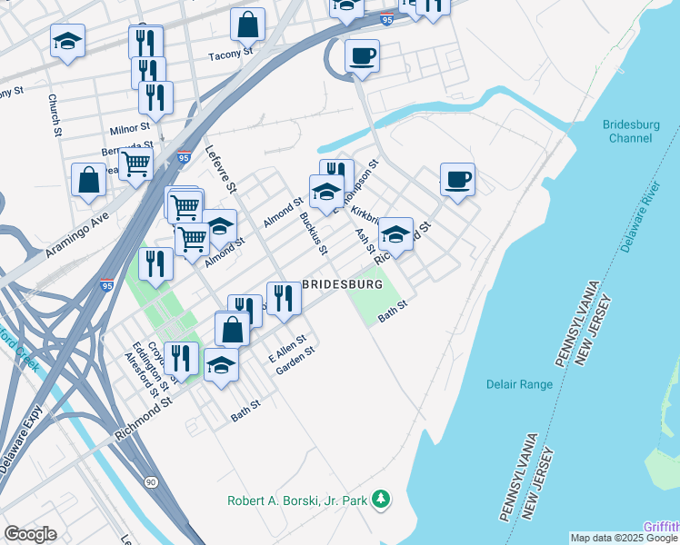 map of restaurants, bars, coffee shops, grocery stores, and more near 4611 Emery Street in Philadelphia