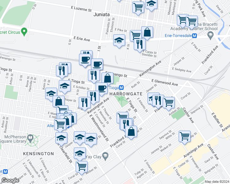 map of restaurants, bars, coffee shops, grocery stores, and more near 1110 East Tioga Street in Philadelphia