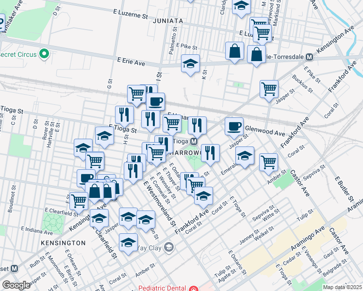 map of restaurants, bars, coffee shops, grocery stores, and more near 1110 East Tioga Street in Philadelphia