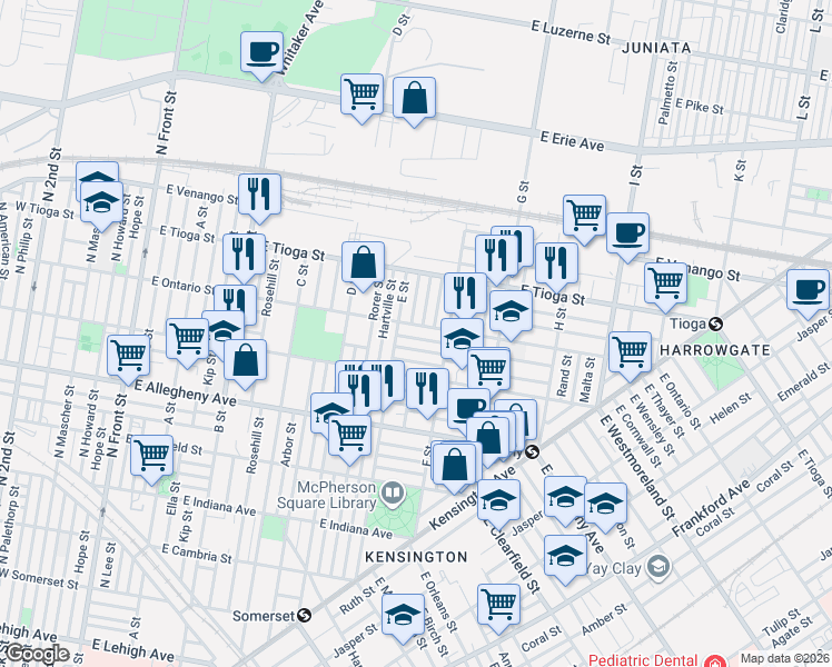 map of restaurants, bars, coffee shops, grocery stores, and more near 3405 E Street in Philadelphia