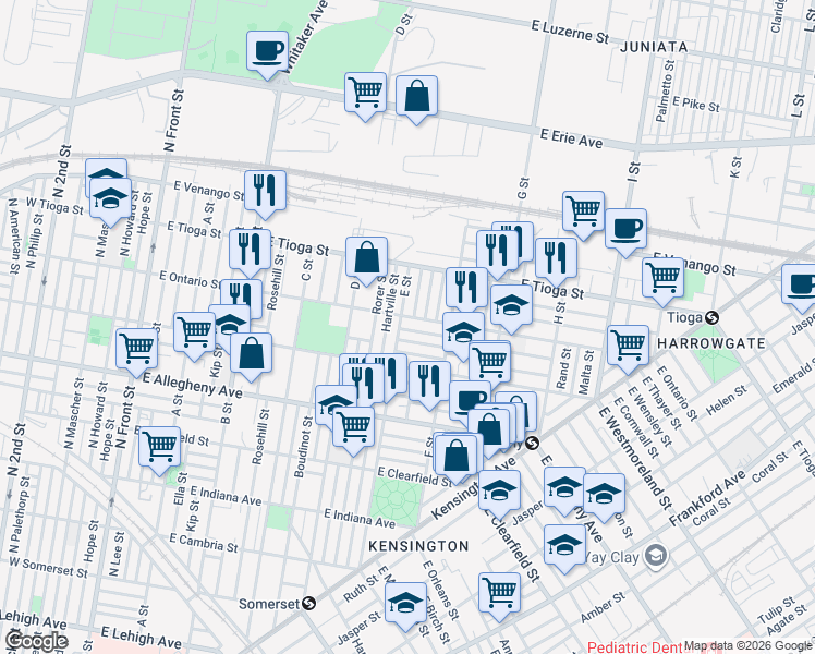 map of restaurants, bars, coffee shops, grocery stores, and more near 3405 E Street in Philadelphia