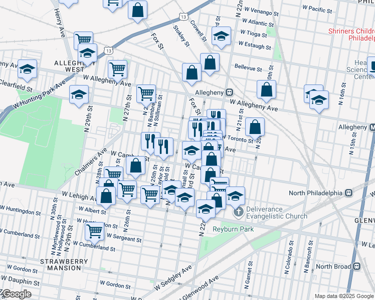map of restaurants, bars, coffee shops, grocery stores, and more near 2946 North Bonsall Street in Philadelphia
