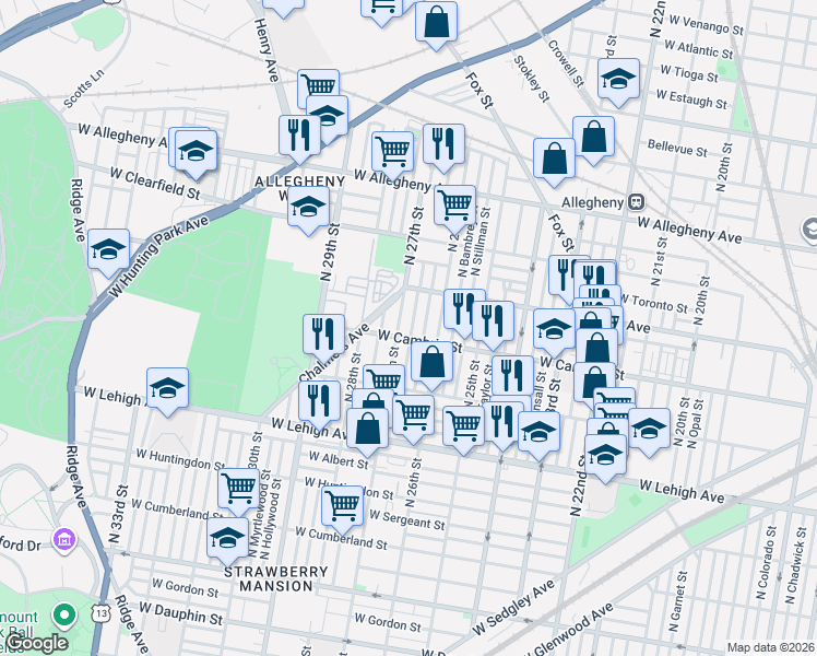 map of restaurants, bars, coffee shops, grocery stores, and more near 2937 North Taney Street in Philadelphia