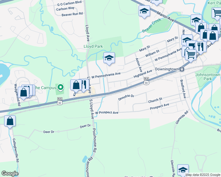 map of restaurants, bars, coffee shops, grocery stores, and more near 620 Highland Avenue in Downingtown