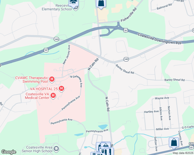 map of restaurants, bars, coffee shops, grocery stores, and more near 1804 Ridgeview Drive in Coatesville