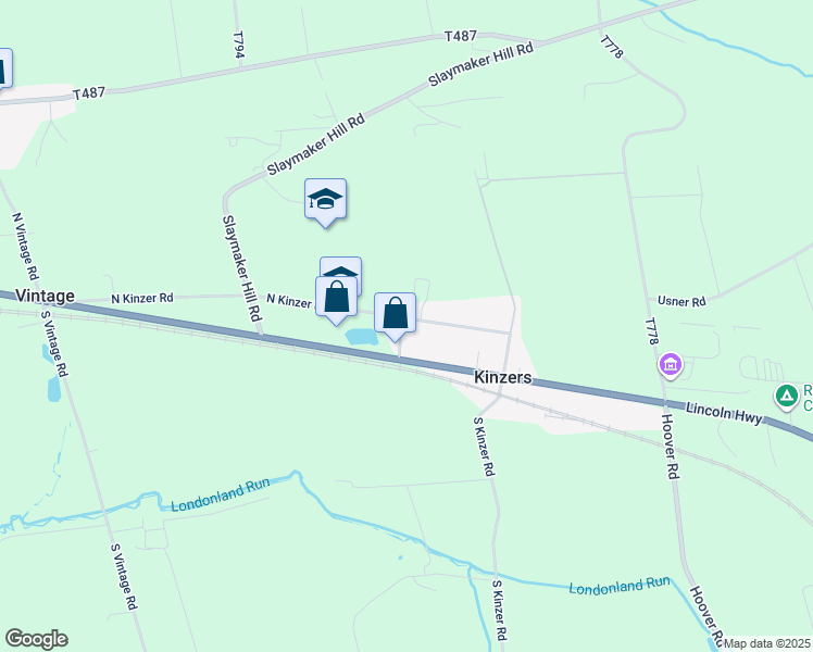 map of restaurants, bars, coffee shops, grocery stores, and more near 45 North Kinzer Road in Kinzers