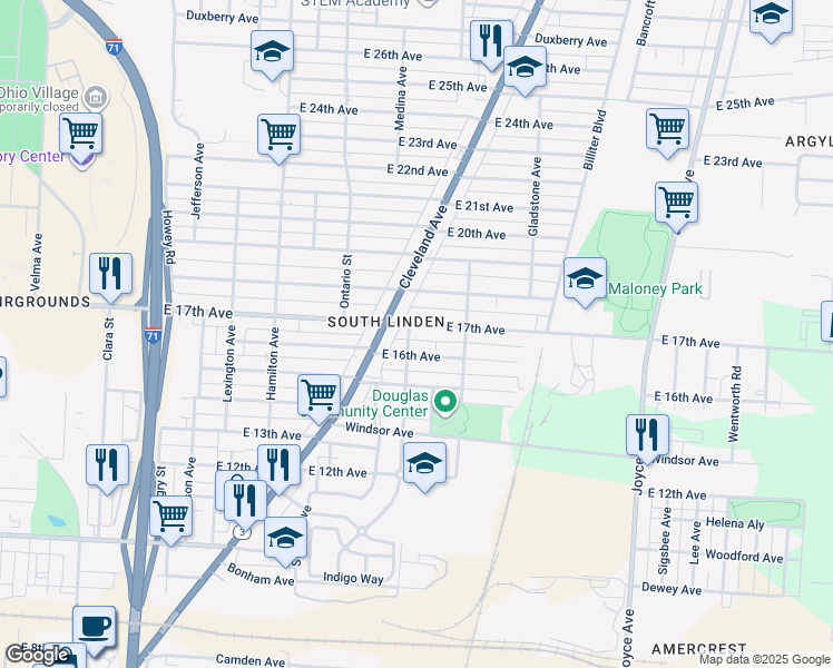 map of restaurants, bars, coffee shops, grocery stores, and more near 1248 East 17th Avenue in Columbus