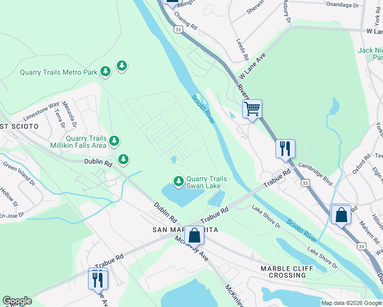 map of restaurants, bars, coffee shops, grocery stores, and more near 2415 Lane Woods Drive in Columbus