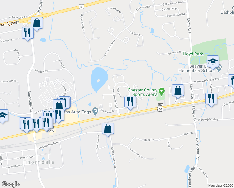 map of restaurants, bars, coffee shops, grocery stores, and more near 47 Nancy Lane in Downingtown