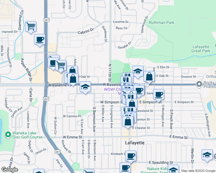 map of restaurants, bars, coffee shops, grocery stores, and more near 300 West Baseline Road in Lafayette