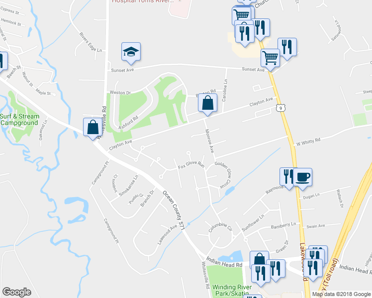 map of restaurants, bars, coffee shops, grocery stores, and more near 32 Hare Bell Hollow in Toms River