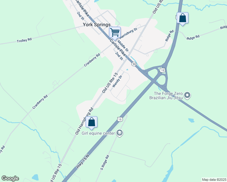 map of restaurants, bars, coffee shops, grocery stores, and more near 15 Wendy Drive in York Springs