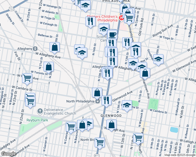 map of restaurants, bars, coffee shops, grocery stores, and more near 3054 North 15th Street in Philadelphia