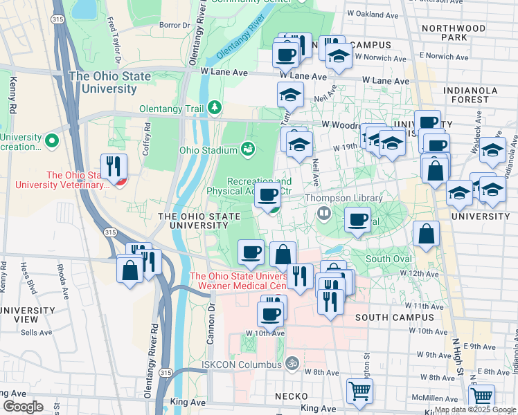 map of restaurants, bars, coffee shops, grocery stores, and more near 337 Annie and John Glenn Avenue in Columbus