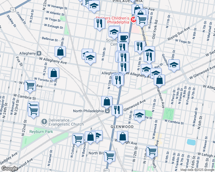 map of restaurants, bars, coffee shops, grocery stores, and more near 3054 North 15th Street in Philadelphia