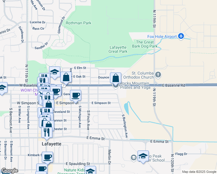 map of restaurants, bars, coffee shops, grocery stores, and more near 802 East Baseline Road in Lafayette