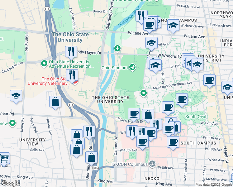 map of restaurants, bars, coffee shops, grocery stores, and more near 1900 Olentangy Trail in Columbus