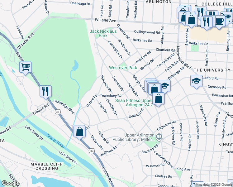 map of restaurants, bars, coffee shops, grocery stores, and more near 2170 Yorkshire Road in Columbus