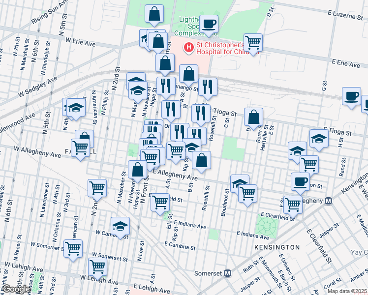 map of restaurants, bars, coffee shops, grocery stores, and more near 3305 Ella Street in Philadelphia