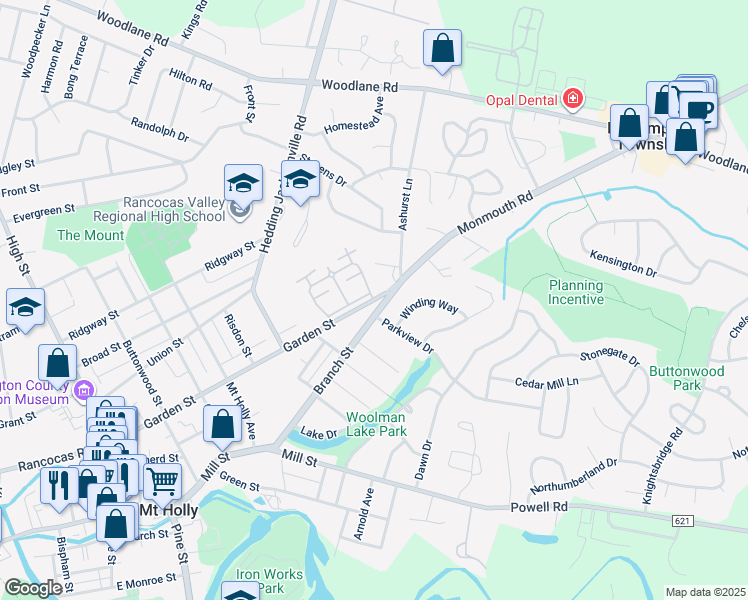 map of restaurants, bars, coffee shops, grocery stores, and more near 103 1st Montgomery Drive in Mount Holly