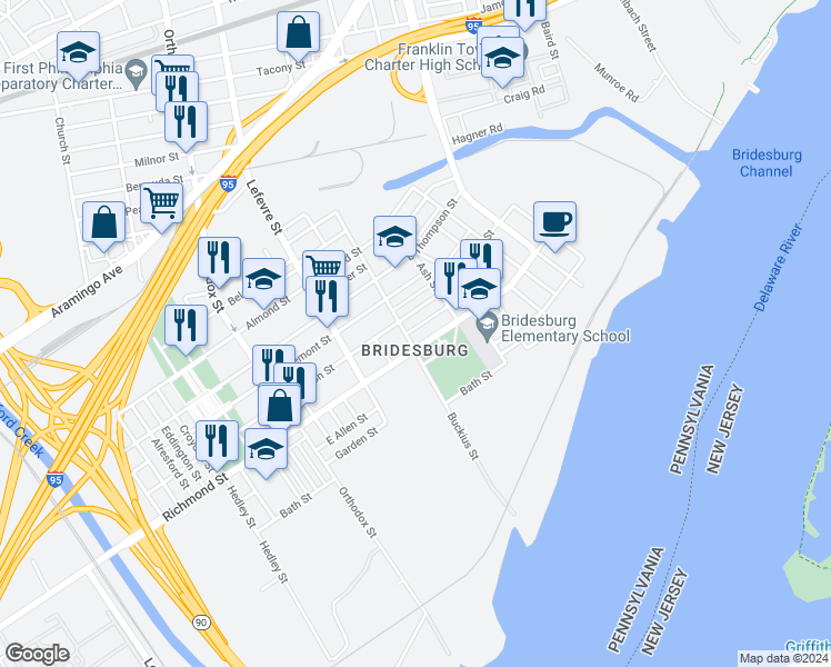 map of restaurants, bars, coffee shops, grocery stores, and more near 4611 Emery Street in Philadelphia