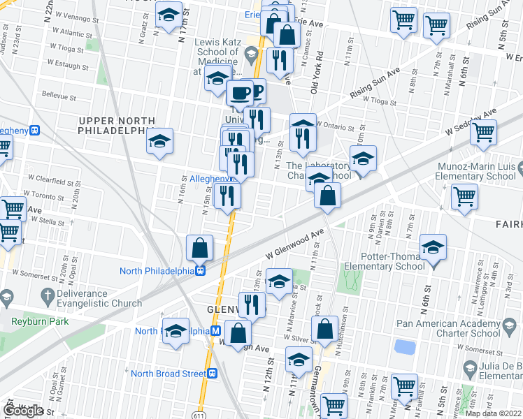 map of restaurants, bars, coffee shops, grocery stores, and more near 1314 West Clementine Street in Philadelphia