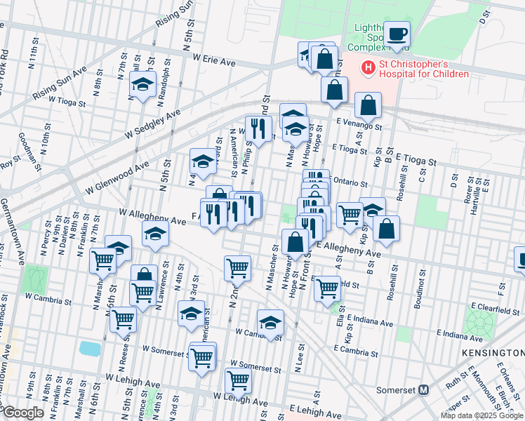 map of restaurants, bars, coffee shops, grocery stores, and more near 3300 North Hancock Street in Philadelphia