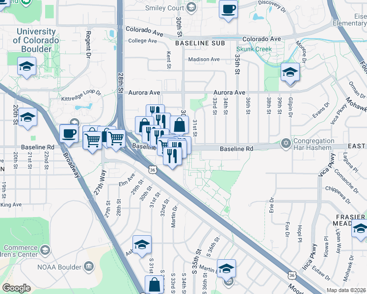 map of restaurants, bars, coffee shops, grocery stores, and more near Baseline Road & 30th Street in Boulder