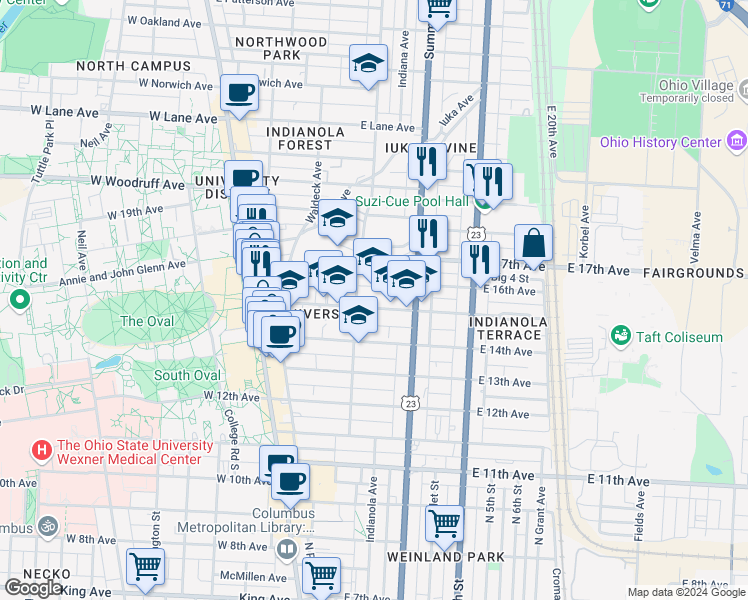 map of restaurants, bars, coffee shops, grocery stores, and more near 201 East 16th Avenue in Columbus