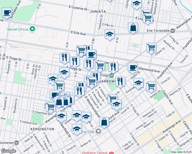 map of restaurants, bars, coffee shops, grocery stores, and more near 1022 East Tioga Street in Philadelphia