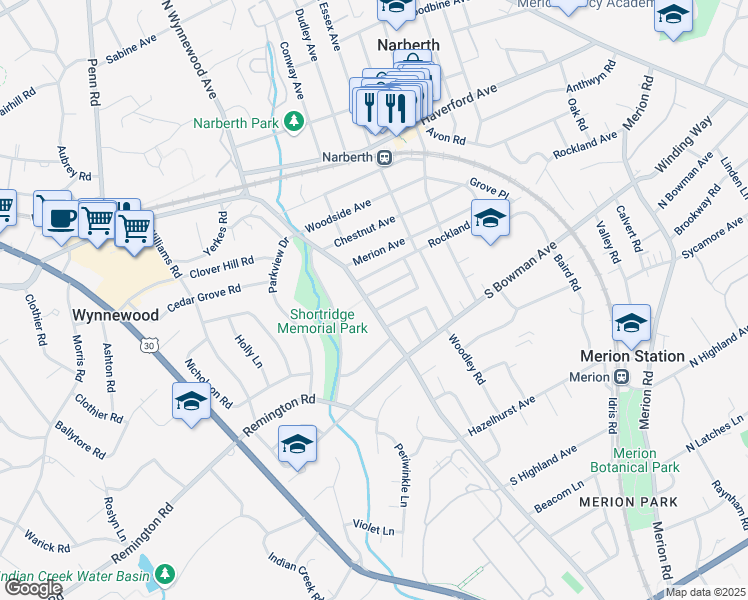 map of restaurants, bars, coffee shops, grocery stores, and more near 511 East Wynnewood Road in Merion Station