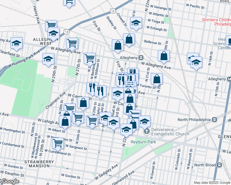 map of restaurants, bars, coffee shops, grocery stores, and more near 2950 North Bonsall Street in Philadelphia