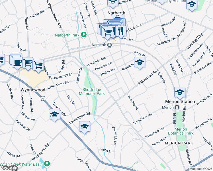 map of restaurants, bars, coffee shops, grocery stores, and more near 511 East Wynnewood Road in Merion Station