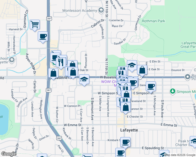 map of restaurants, bars, coffee shops, grocery stores, and more near 311 Baseline Road in Lafayette